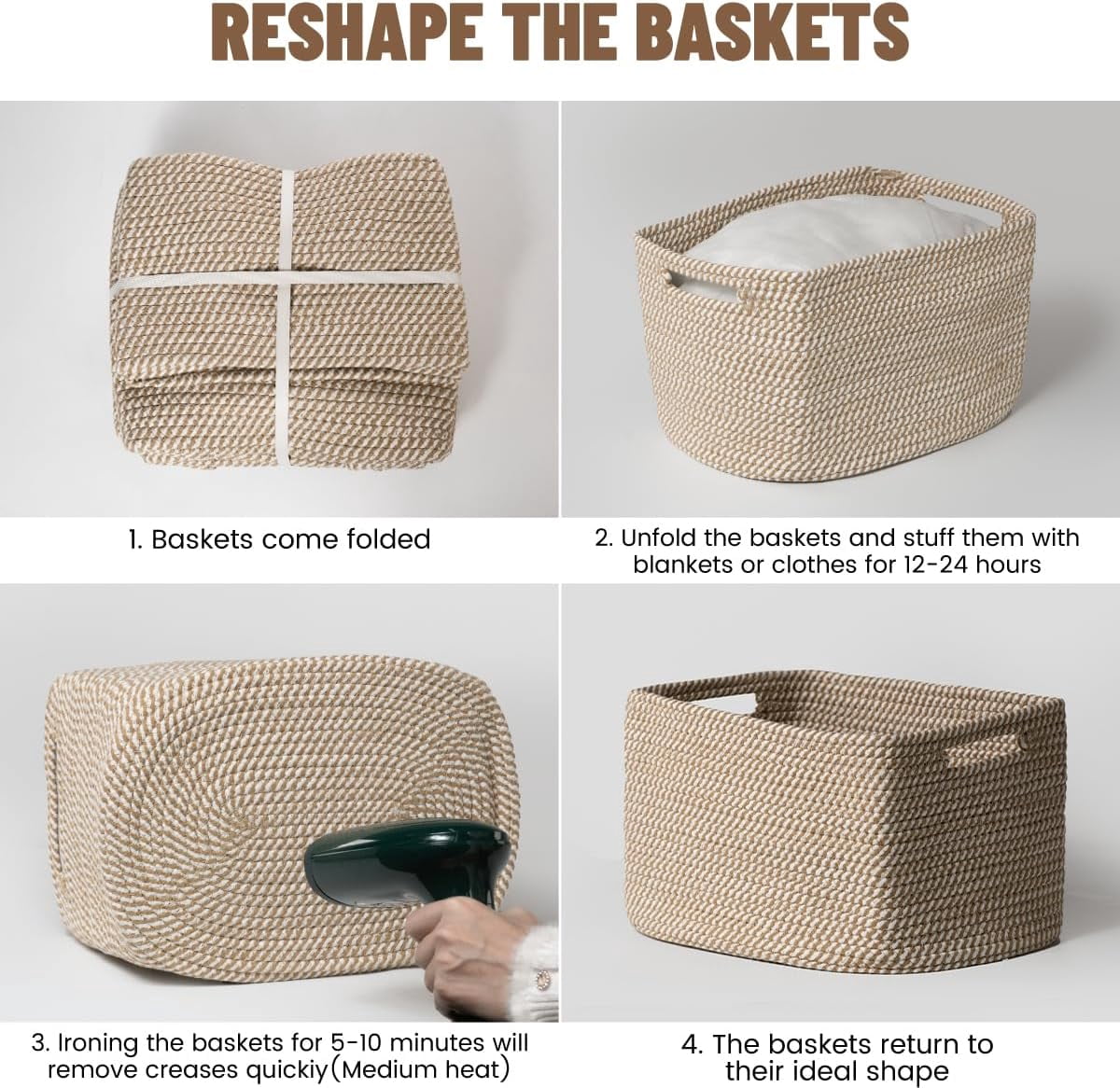 5-Pack Woven Shelf Storage Baskets, Cotton Rope Organizer Bins for Toys Books Clothes Closet Nursery Bathroom, Khaki and White