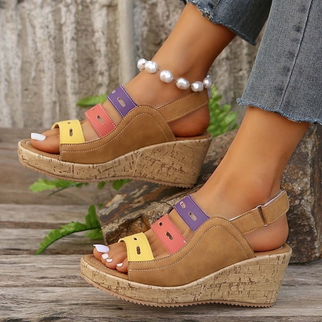 Latrodar Sandales Compensées pour Femmes Sandales de Randonnée Femmes Extérieur Confort Extensible Sandales de Plage à Enfiler Chaussures à Bout Rond Talon Bas (1 Pouces-2 Pouces) Grand Sandales à Blocs de Couleur pour Femmes Âgées Cadeaux de Fin d'Études Scolaires