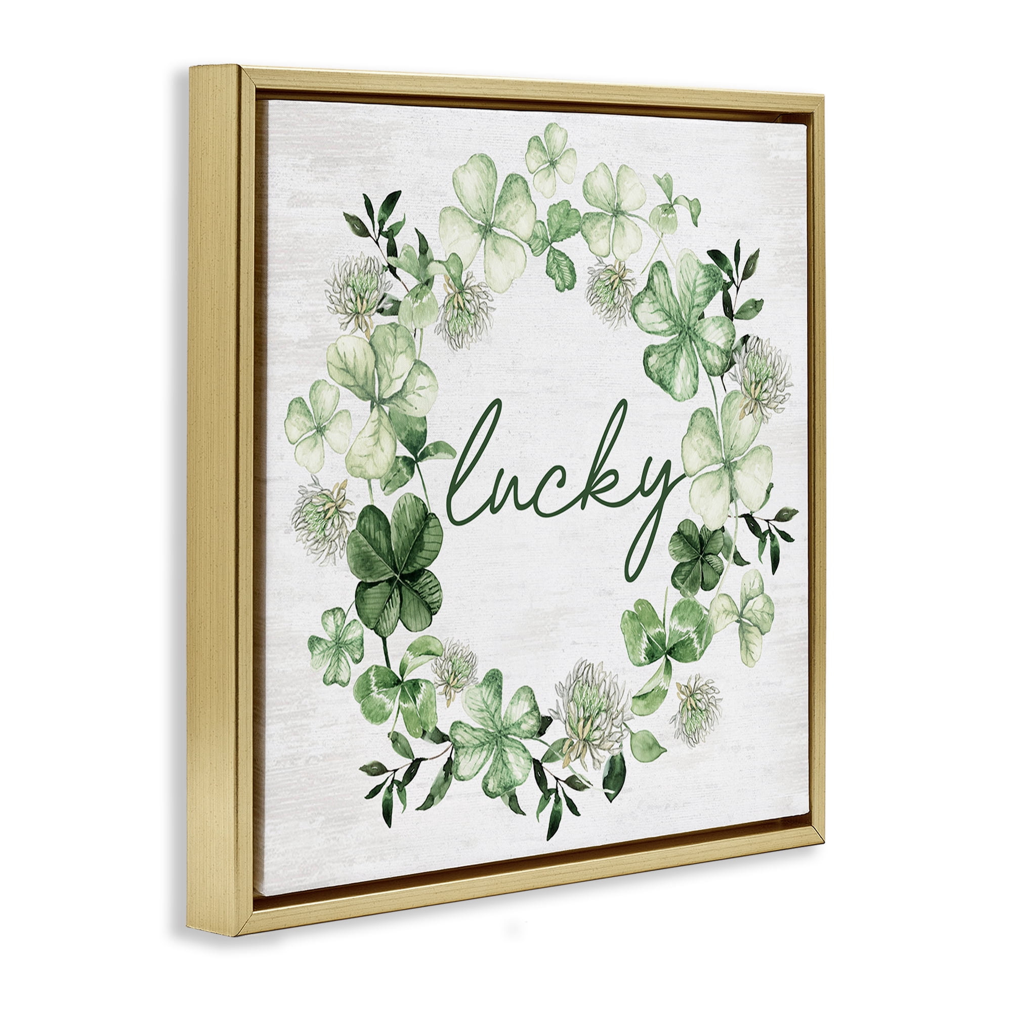 Stupell Industries Lucky Clover Wreath Botanical & Floral Painting Gold Floater Framed Canvas Art Print Wall Art, 25 x 25