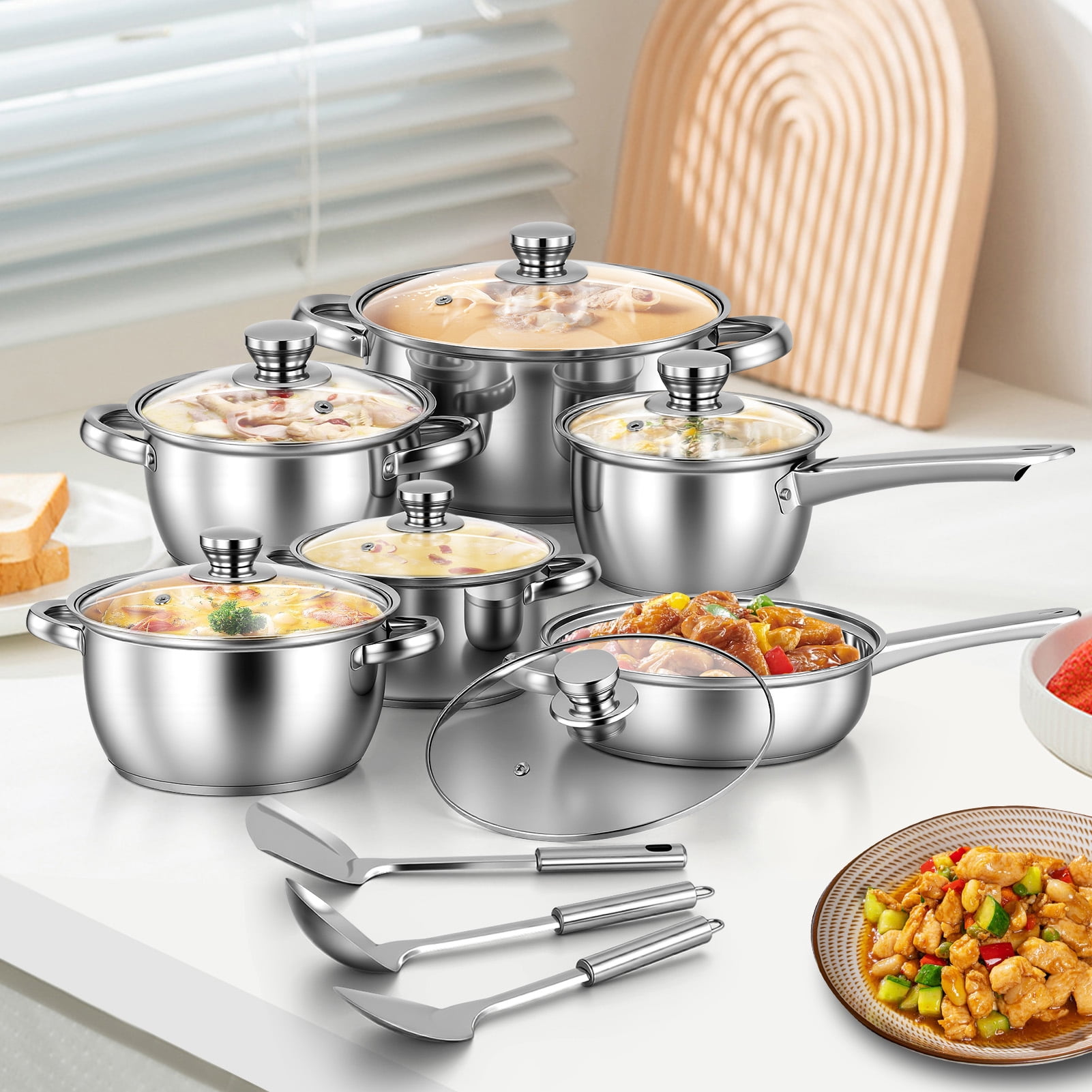 15 PCS Stainless Steel Cookware Set, Pots and Pans Set with Glass Lids, Kitchen Induction Cookware with Utensil Sets For Oven & Dishwasher ,Heavy Premium Kitchen Cooking