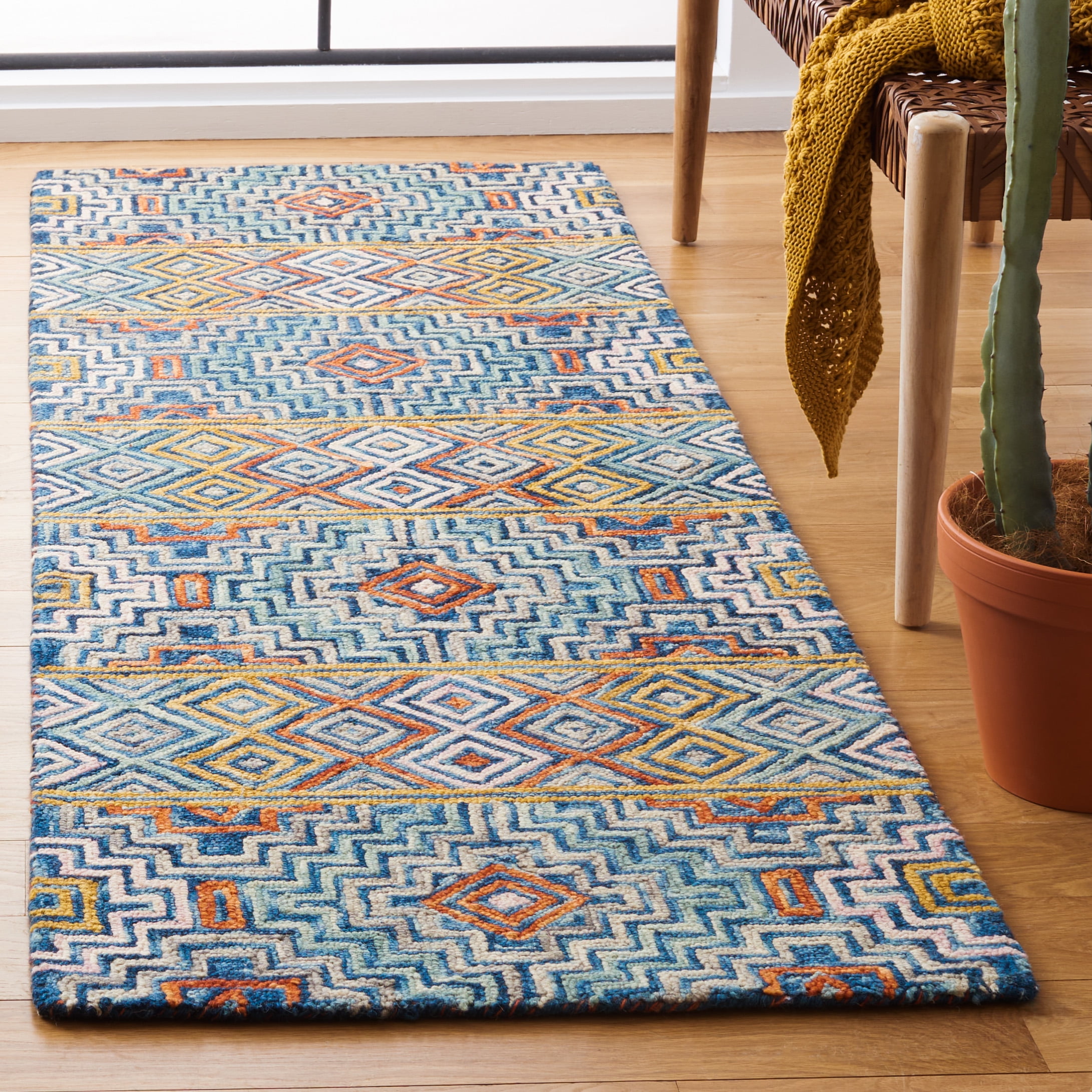 SAFAVIEH Aspen Ethelbert Geometric Wool Runner Rug, Blue/Gold, 2'3" x 19'