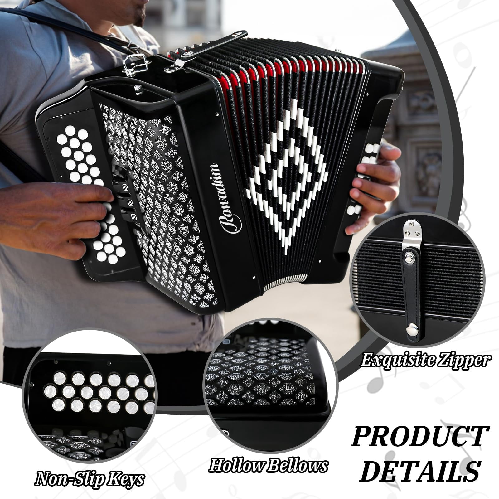 Rowadtim 34-Key Diatonic Accordion, 12 Bass Buttons, F/B/E Tuning, Push-Pull Heterophonic Design. Black Professional Beginner Accordion for Stage Performance, Practice, Ensemble Play & Music Training