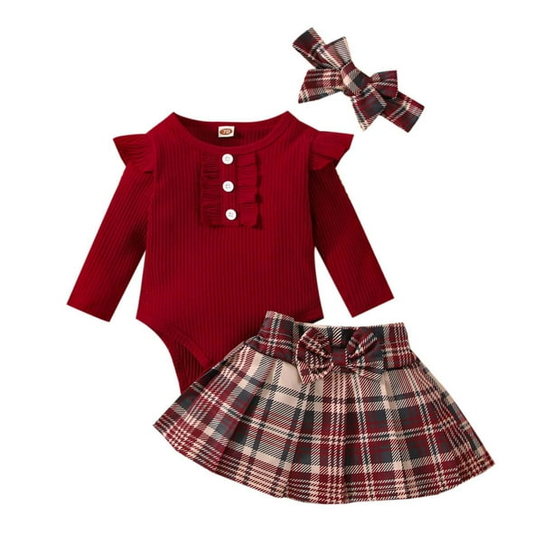 Conjunto De Canastilla Para Bebés Onesies Tira De Algodón Para Niñas Top Con Botones Abiertos Con Falda A Cuadros Diadema Con Nudo De Mariposa Conjunto De Tres Piezas Odeerbi LM103-1723
