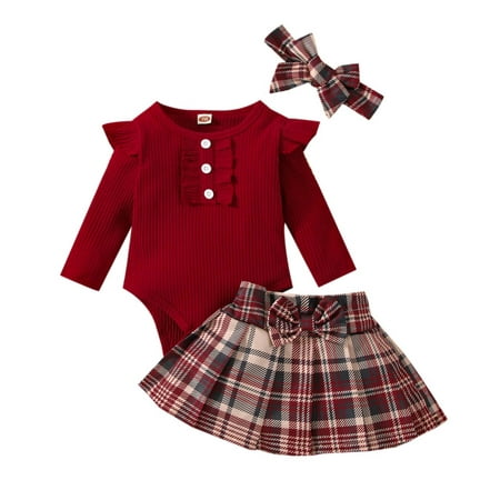 

Infant Baby Girl Skirt Sets 2pcs Toddler Girl Strip Cotton Button Top With Plaid Skirt Butterfly Knot Hairband Three Piece Set Trendy Ruffled Ribbed Long-Sleeve Top Plaid Skirt Set
