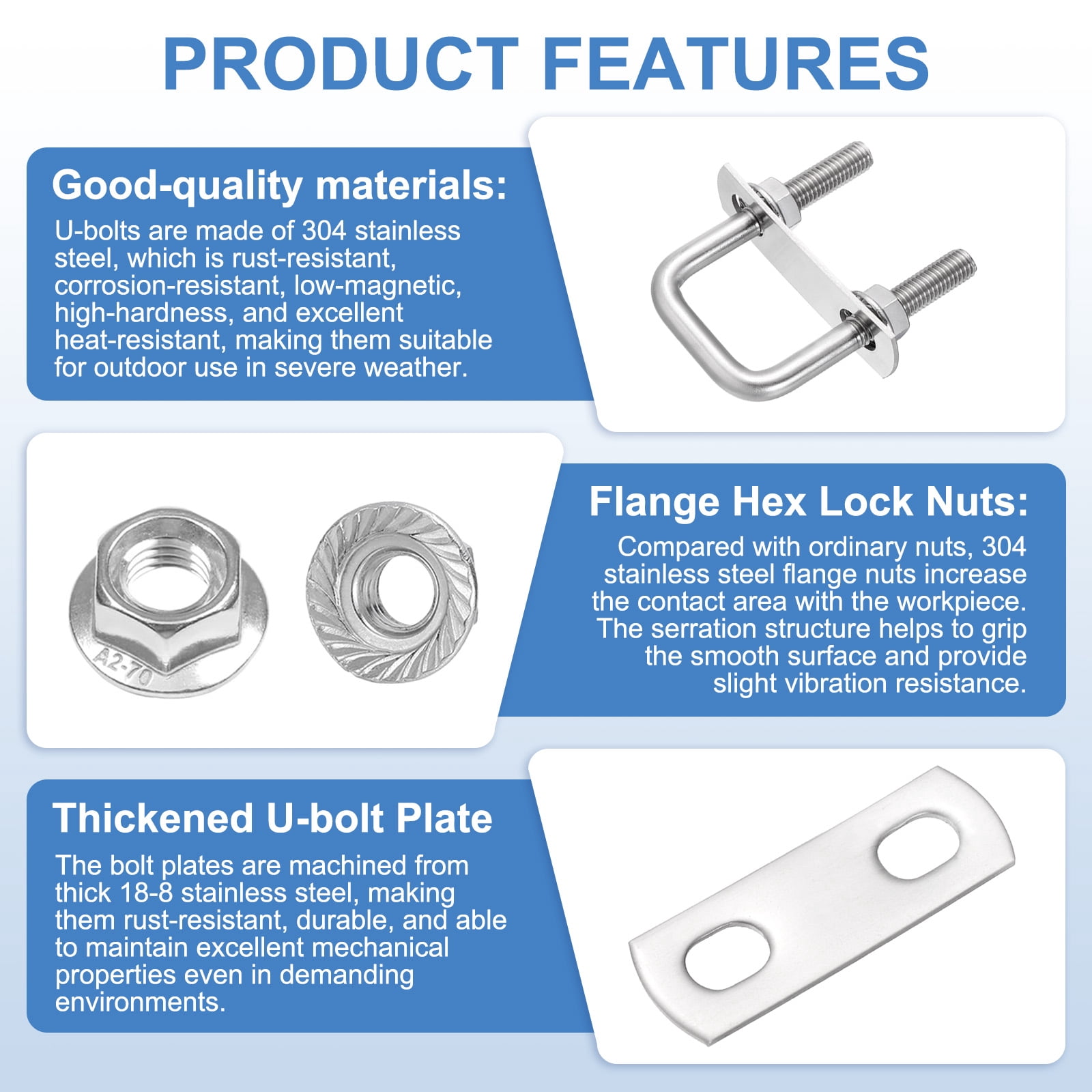 Uxcell 4 Set M8 1 Inch Inner Wide Square U Bolts, 3 Inch Length 304 Stainless Steel U-Bolts with Flange Hexagon Nuts, Frame Plates for Trailer, Automotive, (25mm W x 75mm L)