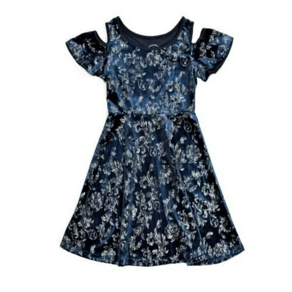 Pastourelle by Pippa & Julie Big Girl's Metallic Floral Print Velvet Cold Shoulder Fit & Flare Dress