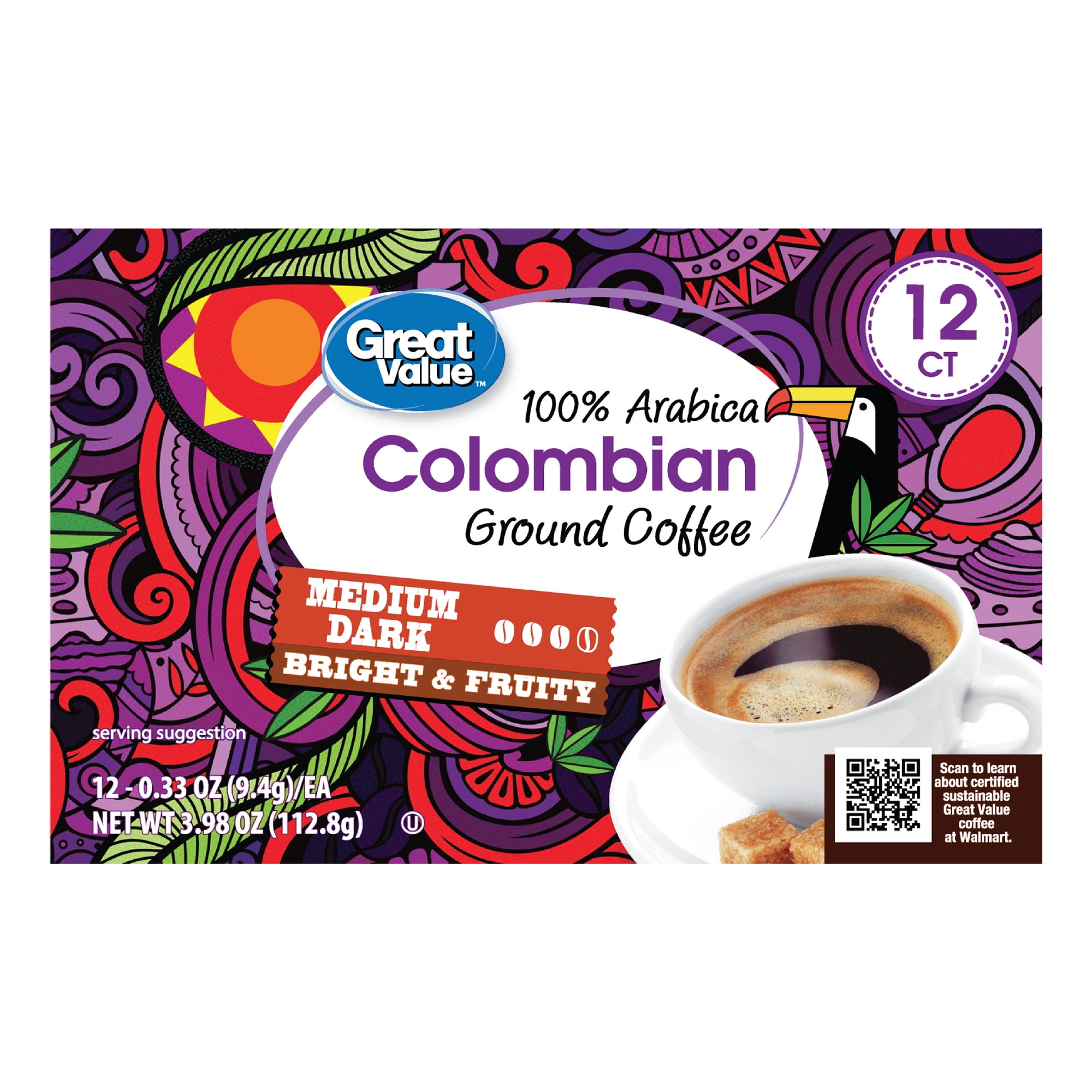 Great Value 100% Arabica Colombian Medium Dark Roast Ground Coffee Pods, 12 Count