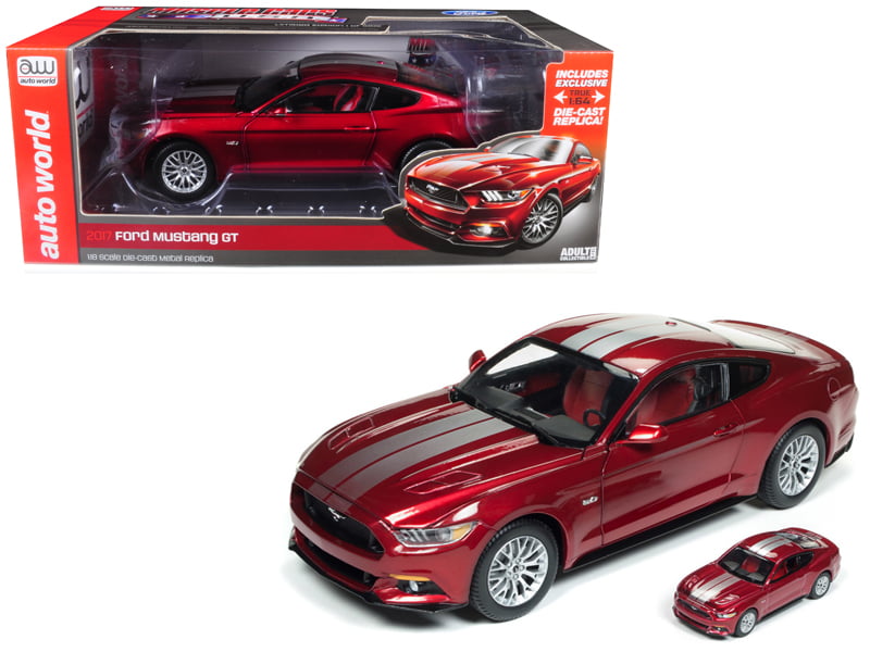 2017 Ford Mustang 5.0 GT Ruby Red Metallic with Silver Stripes 1/18 and 1/64 2 Cars Set Limited Edition to 1002 pieces Worldwide Diecast Model Cars by Autoworld AW245