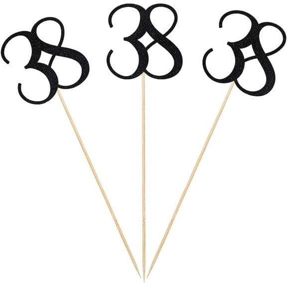 Black Glitter 38th Birthday Centerpiece Sticks, 12-Pack Number 38 Table Topper Anniversary Party Decorations