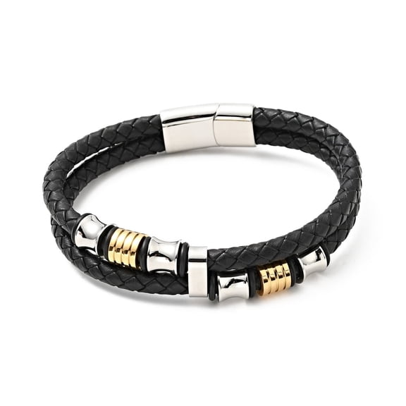 2pc Cowhide Double Layer Bracelet with 304 Stainless Steel Magnetic Clasps Gothic Jewelry for Men Women Black 10 inch(25.5cm)