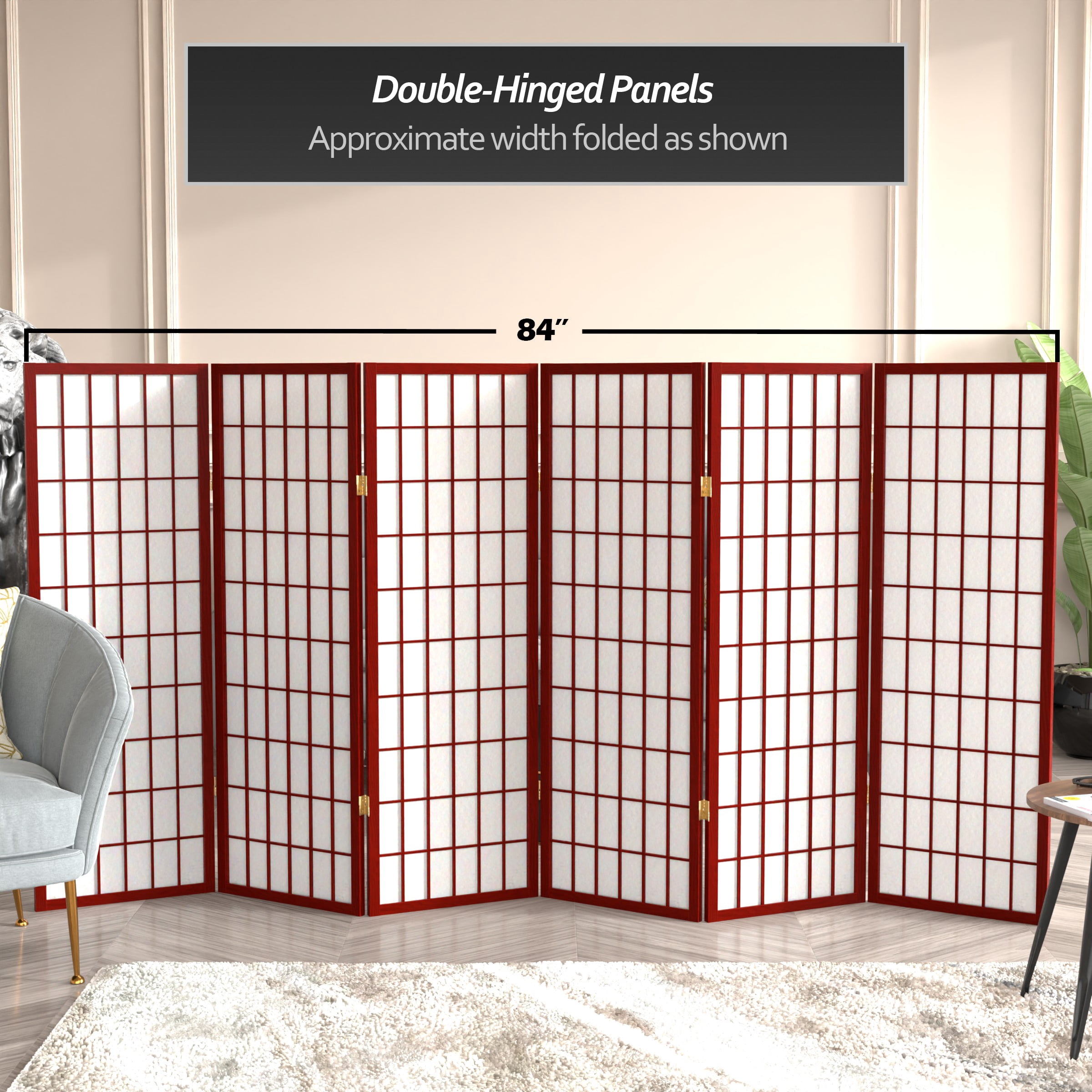 Red Lantern 4 ft. Short Window Pane Shoji Screen - Rosewood - 6 Panels