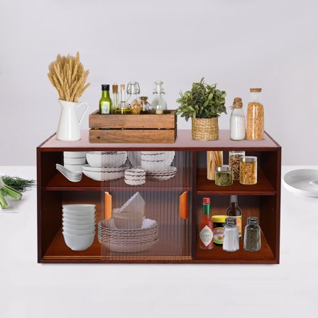 Small Pantry Cabinet, Bamboo Wood Wall Mounted Cabinet, 2 Tier Hanging/Countertop Cabinet Kitchen Wall Cabinet with Glass Doors Storage Organizer for Bathroom Kitchen Laundry Room