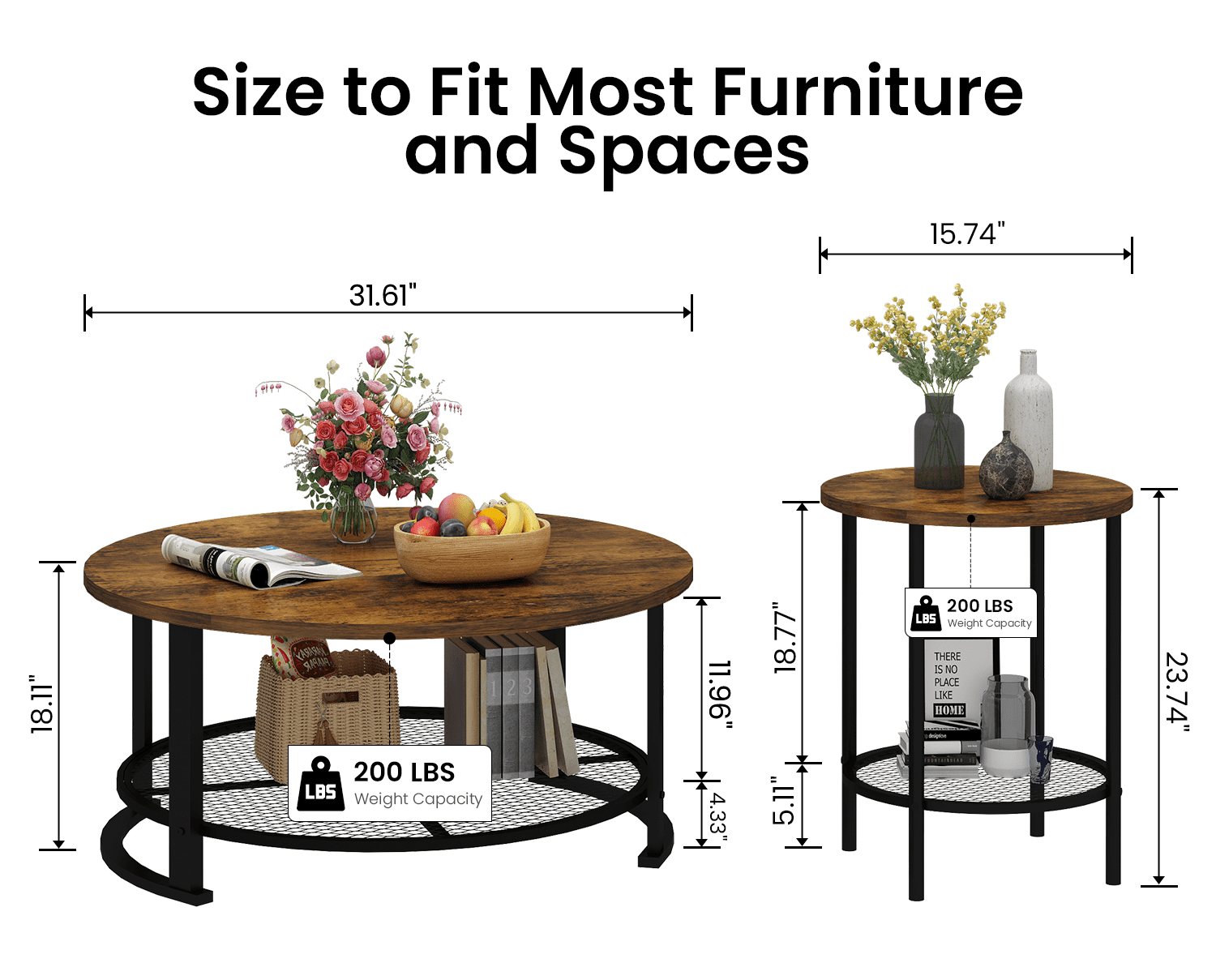 MIERES Round Coffee Table Set of 3, 2-Tier Metal Mesh Storage Shelf Living Room Set with 1 Large Center Table & 2 Small End Tables, Space-Saving Wooden Tea Table for Home Office Apartment, Brown