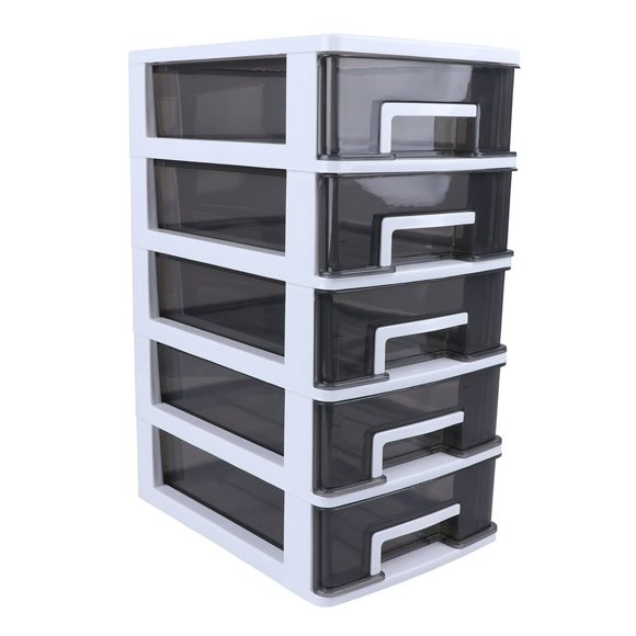 SUTENGDA 5 Drawer Wide Plastic Storage Tower 12.2 x8.4x5.1 inches Portable Dustproof Desktop Storage Organizer for Adult or Teen (White Frame and Transparent Black)