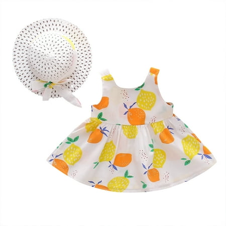 

Toddler Girls Casual Sleeveless Lemon Print Dress Clothes+Straw Hats Caps