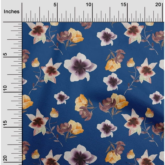 oneOone Georgette Viscose Royal Blue Fabric Flower & Leaves Watercolor Dress Material Fabric Print Fabric By The Yard 42 Inche Wide