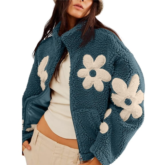 Womens Floral Print Fleece Jackets Winter Zipper Cropped Coat Casual Long Sleeve Outwear with Pockets Blue S