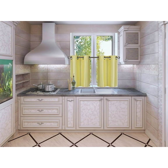 D2 YELLOW 1-Pair of Solid Insulated  Grommet Treatment Curtains for Short Windows, Livingroom, Bathroom or Kitchen, Two (2) Piece Faux Silk Blackout Tier Panels 30" Wide x 24" Length Each