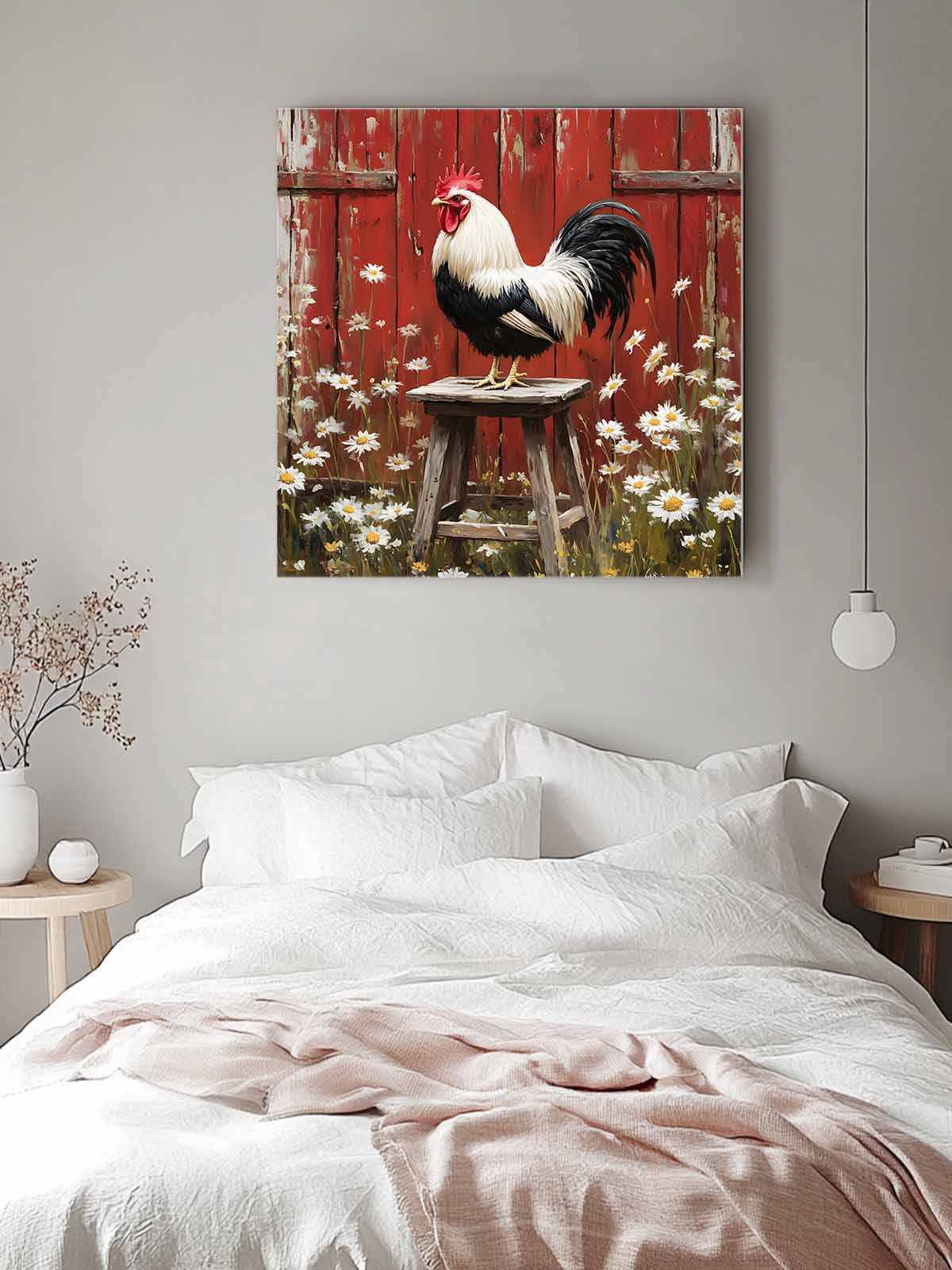Rustic Farmhouse Canvas Wall Art, Rustic Red Barn Rooster Wildflowers Framed Wall Decor Modern Artwork Prints Painting for Living Room, Bedroom, Kitchen & Cafe Decor 16x16 Inch