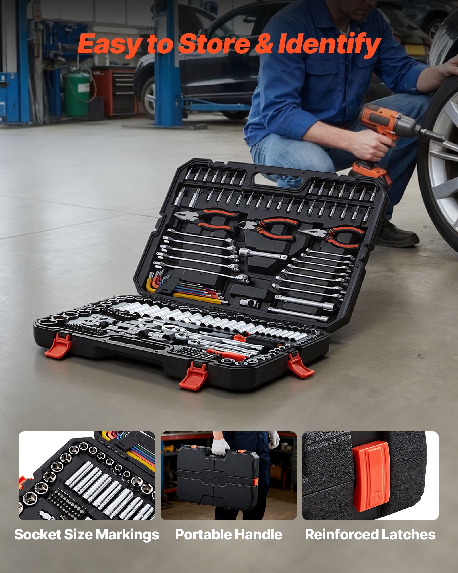 VEVOR Mechanics Tool Set, 314-Piece Mechanic Tool Kit, 1/4 in, 3/8 in, and 1/2 in Drive, Metric Socket Set, Wrenches, Screwdriver Bits, Accessories, and Storage Case, for Automotive and Home Repair