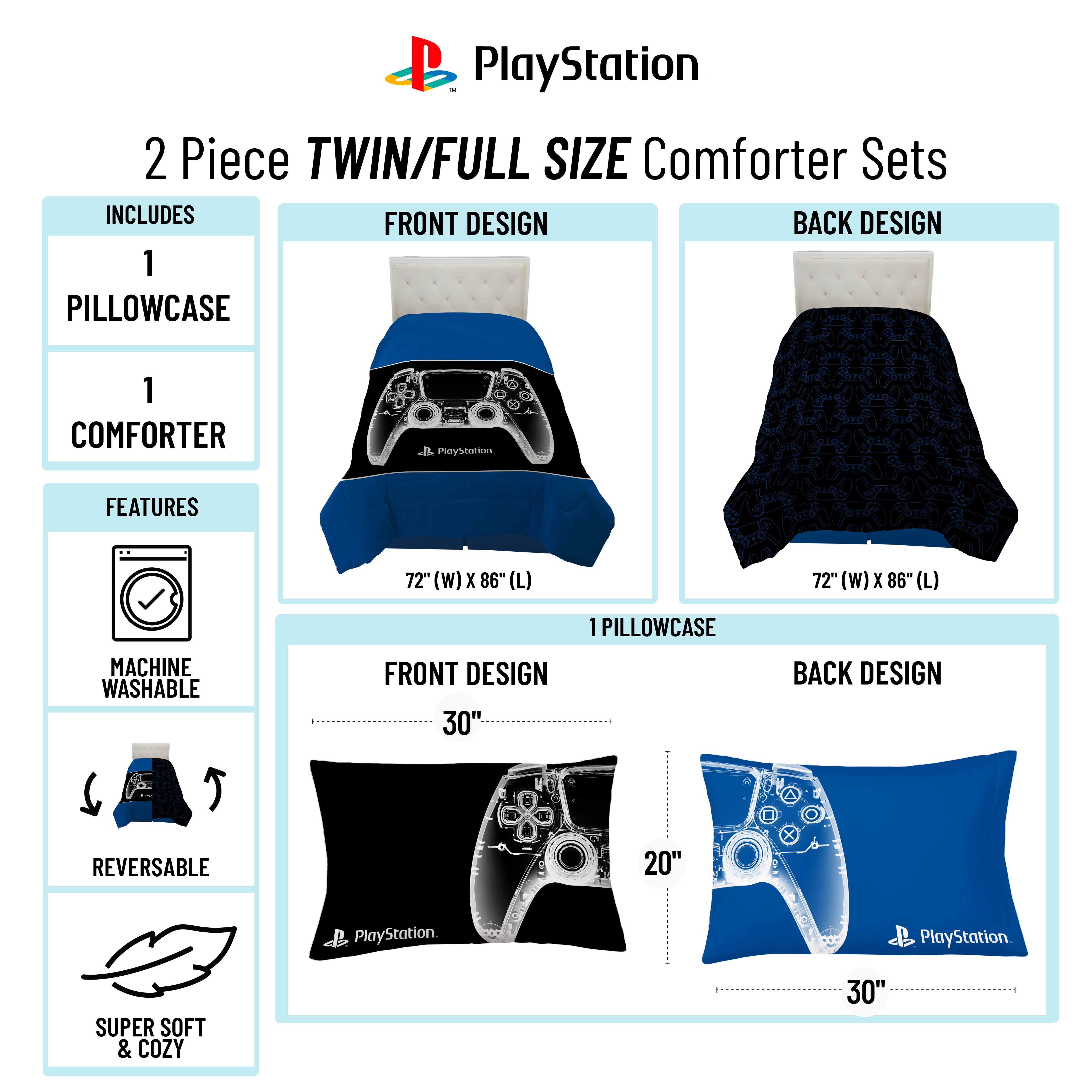 PlayStation X-Ray Kids 2 Piece Blue Reversible Comforter and Pillowcase Set, Twin/Full