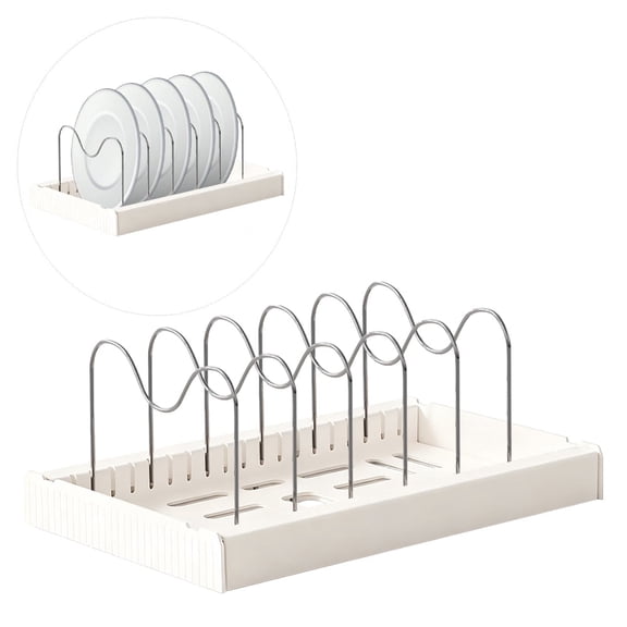 XMZHOU Expandable Pot Lid And Dish Organiser - 7 Stainless Steel Adjustable Dividers, Kitchen Countertop Rack For Cake Molds, Cutting Boards, Mats, Cookware, Cabinet, White