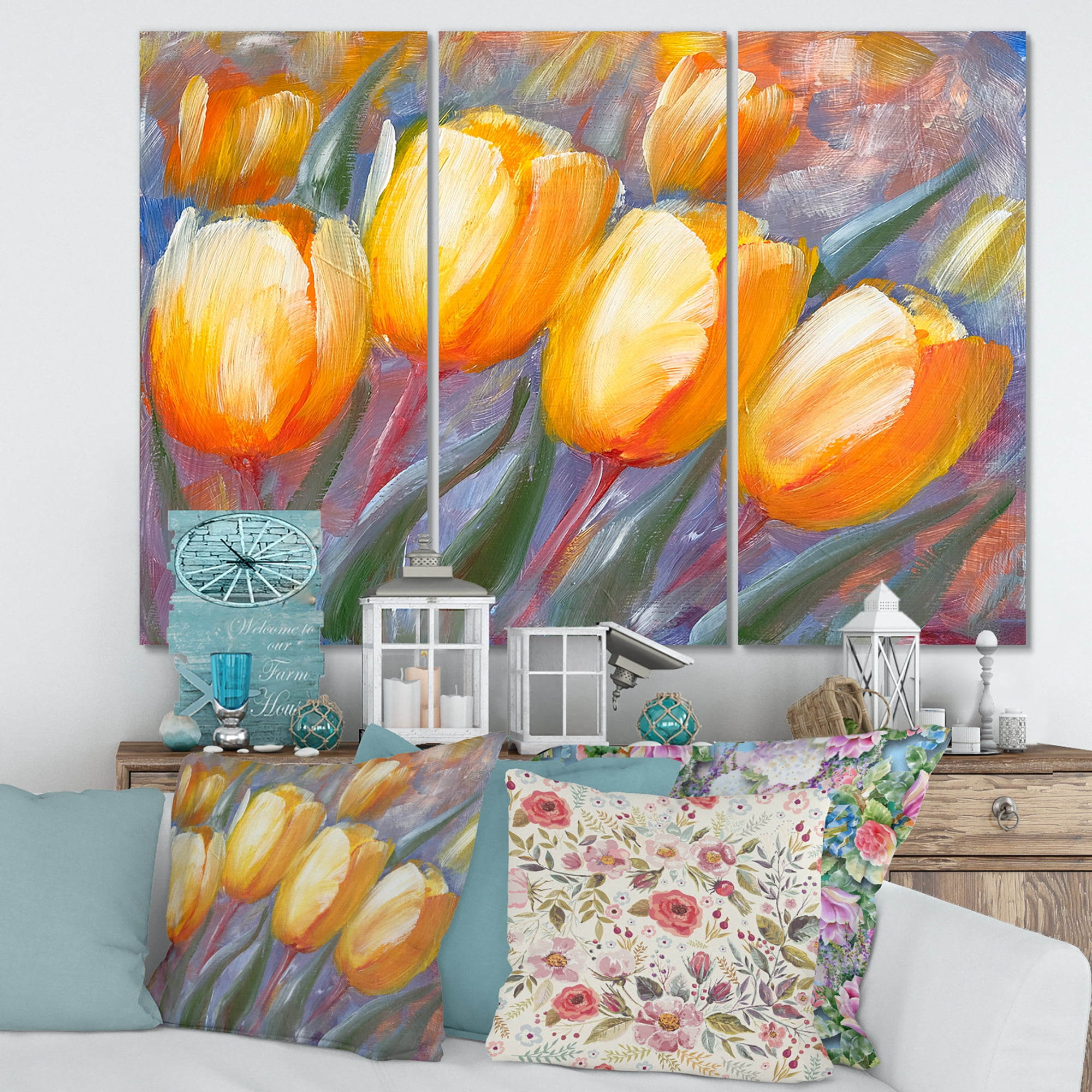 Abstract Yellow Blooming Tulips 28 in x 36 in Painting Canvas Art Print, by Designart