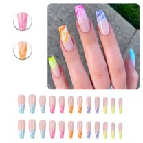 RAGUPEL 24Pcs Glue on Nails for Women,Dopamine Style Coffin Nails Tips,Classic Design Press on Nails Summer,Long Nails for Daily Life,Dating,Party,Taking Pictures,Style2