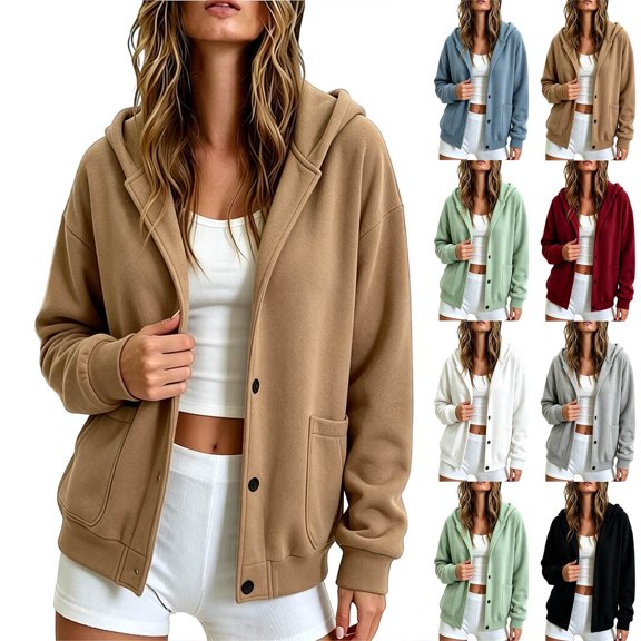 Women Notch Lapel Button Hooded Sevevn Cardigan Long Sleeve Dual Side Pocket Loose Fit Casual Sweatshirt Jacket