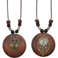 thumbnail image 1 of Collar con colgante de madera de 2 piezas con dijes de hojas de búho, cadena de cuerda de cera larga, collar de joyería hecho a mano para regalo de mujer --- Código de producto 46885, 1 of 5