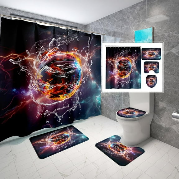 4PCS Boys Shower Curtain Set - Basketball Sports Shower Curtain for Boys Bathroom Decor Basketball Shower Curtain with Bath Mat and 12 Hooks Basketball Bathroom Decor for Boys Teens Mens, 70" x 70"