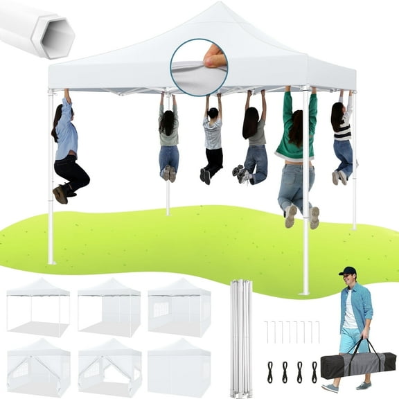 Hoteel 10x10 Heavy Duty Canopy Tent with 4 Sidewalls, Commercial Instant Shelter Tent for Parties, Wedding Event, Adjustable Outdoor Canopy with Carry Bag, 4 Ropes & 8 Stakes, White