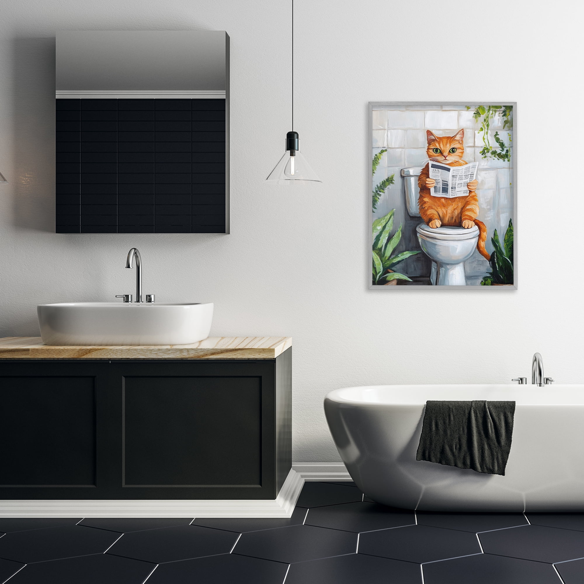 Stupell Industries Orange Cat Reading Paper Gray Framed Giclee Art, design by The Prints Vibe