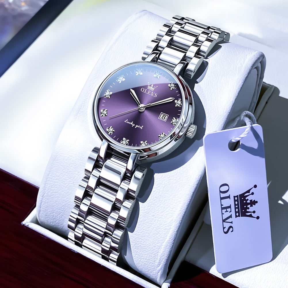 OLEVS Watches for Womens Analog Quartz Silver Strap Fashions Classic Dress Stainless Steel Date Waterproof Casual Ladies Watches Gift Womens Wrist Watches Reloj Para Mujer White/Pink/Purple