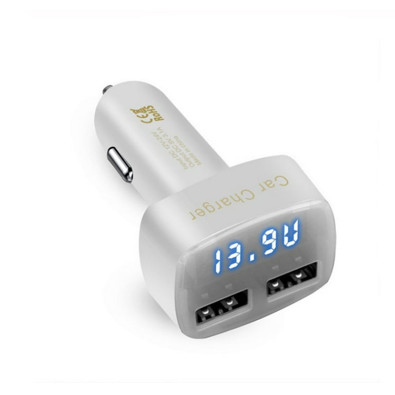 DC 5V 3.1A 4 in 1 LED Digital Voltmeter Ammeter Thermometer Dual USB  Universal Car Charger Voltage Current Temperature Meter White blue light 