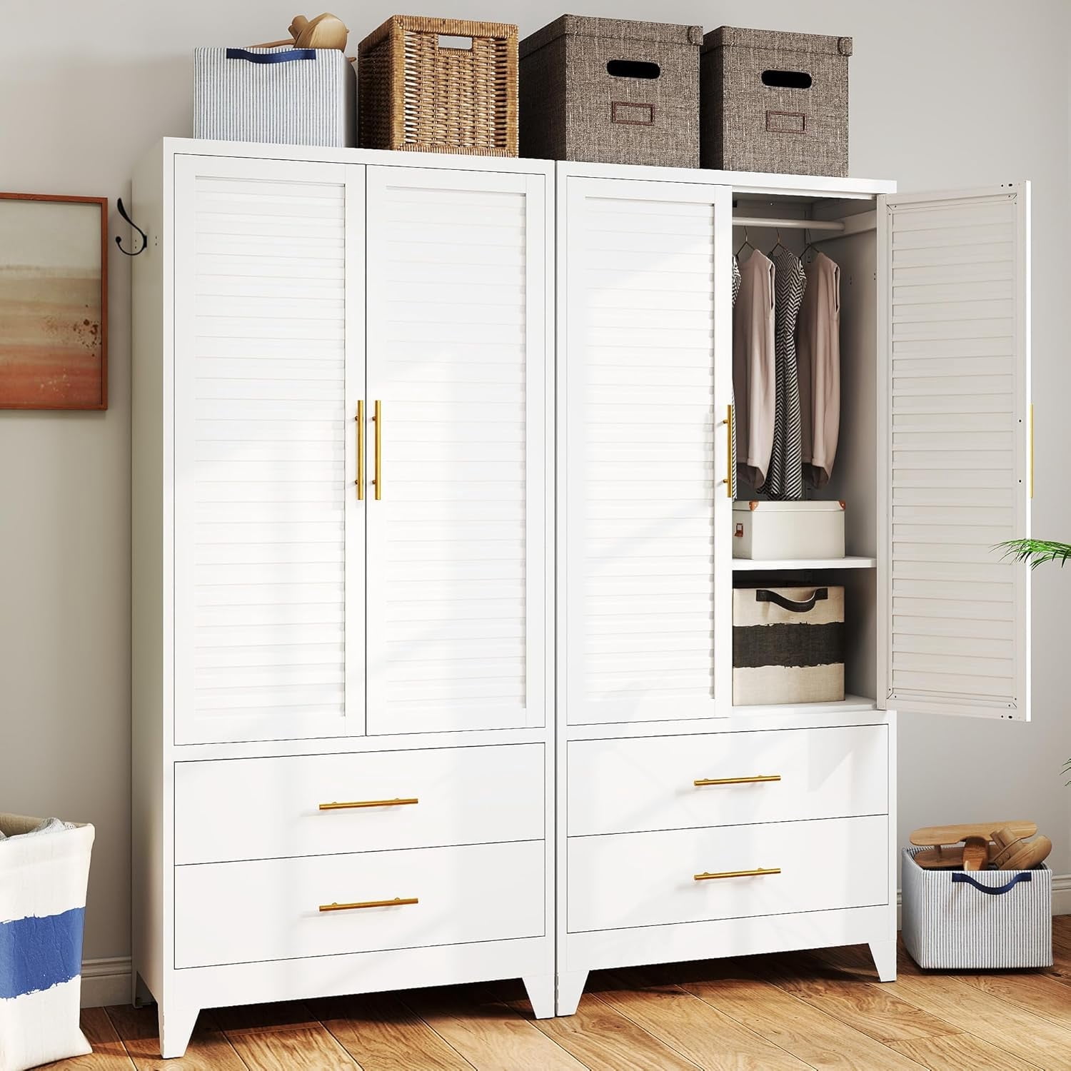 IKIMI 71"H Metal Armoire Wardrobe Closet with Adjustable Hanging Rod and Drawers, Clothing Storage Cabinet for Bedroom, Bathroom, White