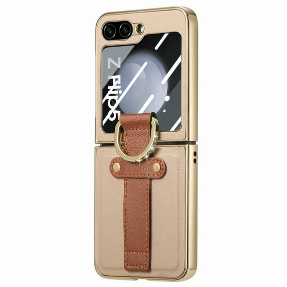 ELEHOLD for Samsung Galaxy Z Flip5 Plating Leather Case,Electroplated Bumper Premium PU Leather Shockproof Case with Built-in Screen Protector Wristband Diamond Ring Holder for Galaxy Z Flip5, Khaki