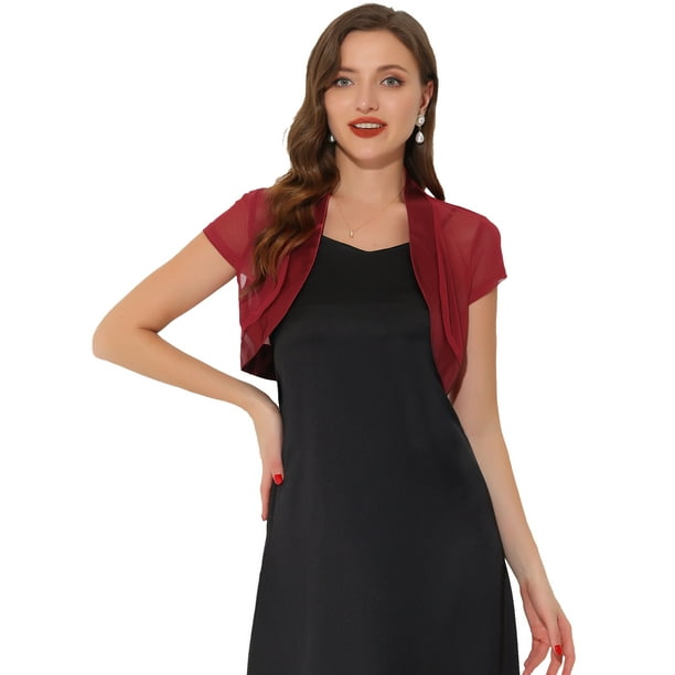 Satén Shrug Bolero Cap Sleeve Business Open Front Crop Cardigan para mujer borgoña M