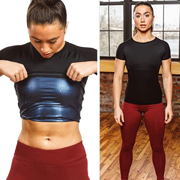 Pukitry Sauna Top Heat Trapping Round Neck Soft Women Body Shaper Sweat Suit Sleeve for Workout,Black Blue L