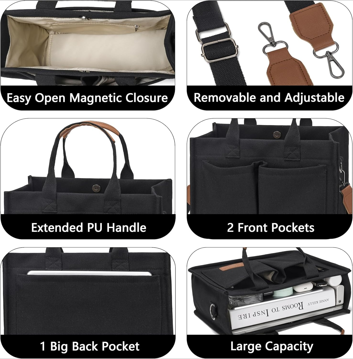 Tote Bag for Women With Compartments,Large Canvas Totes Women's Purse Crossbody Bags Work Laptop Book Bag Shoulder Handbags Black