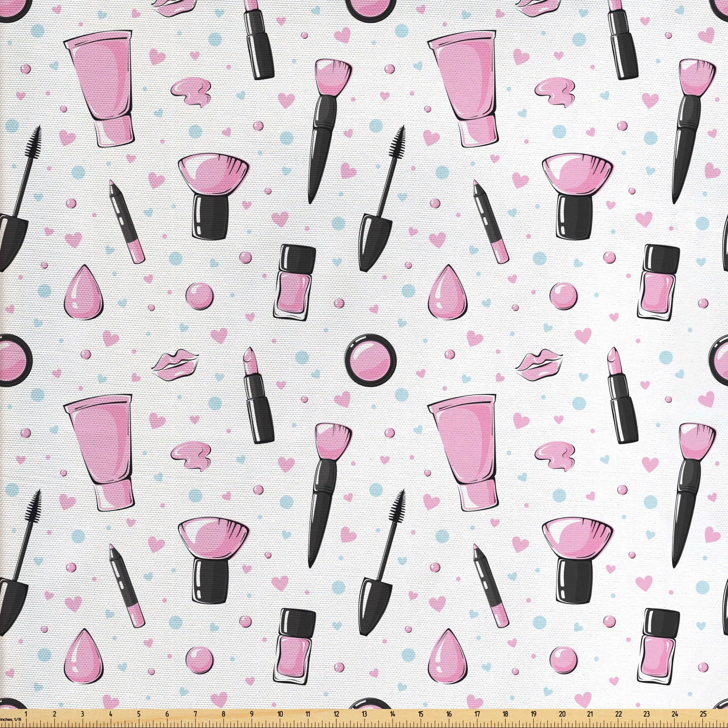 Blue and Pink Fabric by The Yard, Feminine Pattern with Makeup Supplies