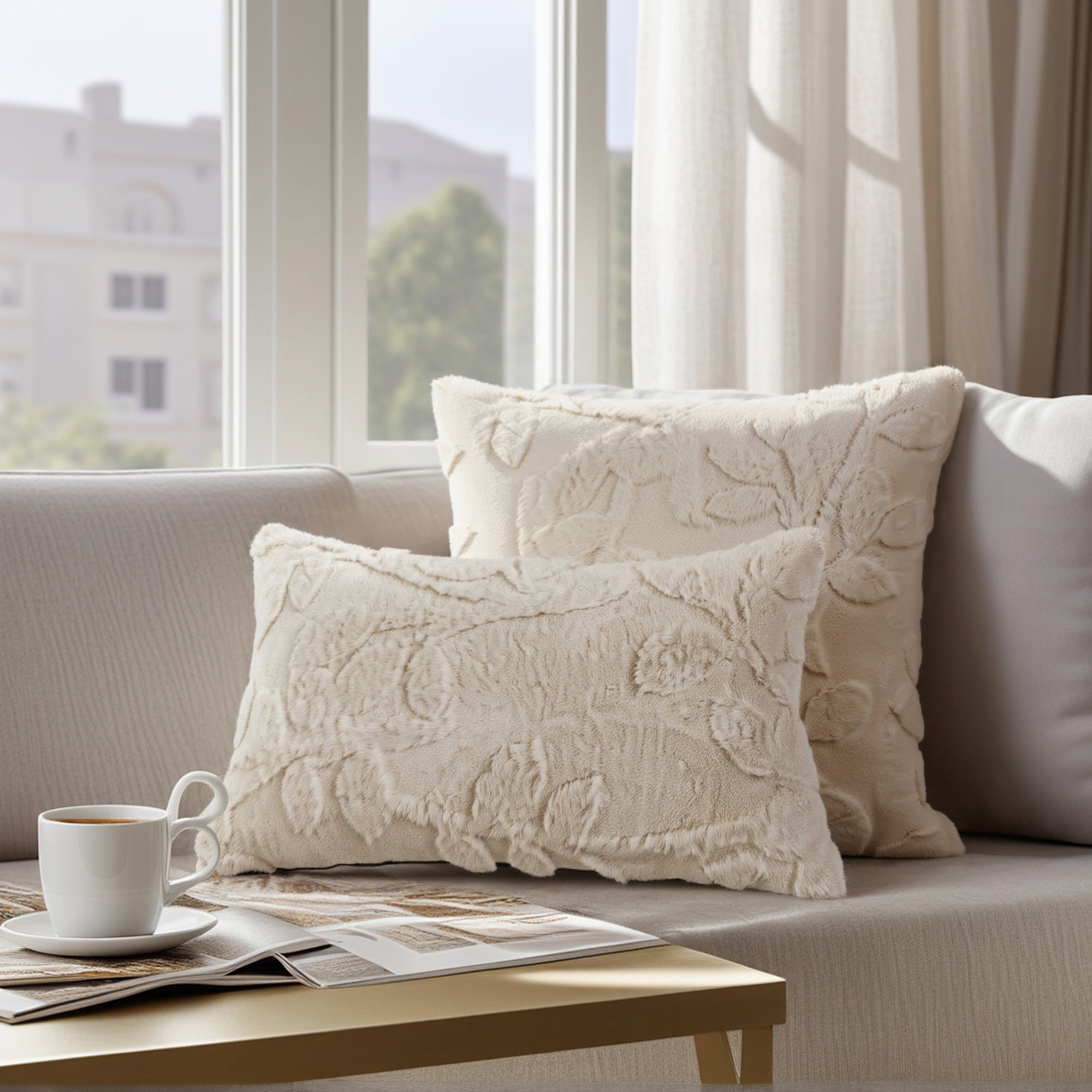 Unique Bargains Pack of 2 Leaf Jacquard Plush Pillow Covers for Bedroom 20" x 20" Khaki