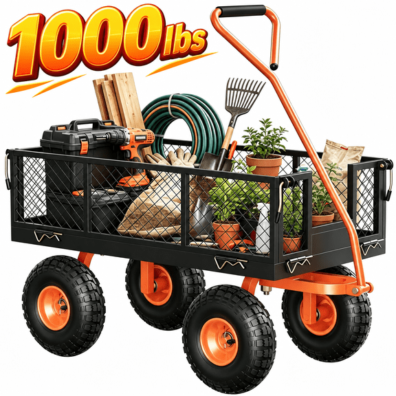 Patbrela Heavy Duty Steel Garden Cart, 1000 lbs Utility Cart with Removable Sides, Outdoor Wagon with 10" Wheel