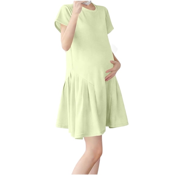 Byworldtasic Women's Loose Maternity Dresses Crew Neck Short Sleeve Dress Pleated A Line Flowy Short Dresses