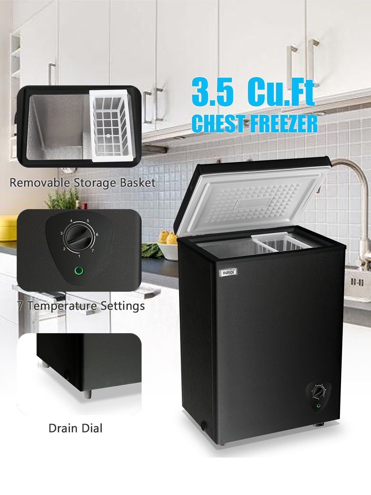 Wanai Chest Freezers 3.5 Cu.Ft Compact Mini Freezer Free-Standing Top Door Room Dorm Office Garage Freezer with 7 Adjustable Temp Control Removable