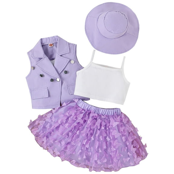 Baby Outfits For Girls Sleeveless Coat Vest Butterfly Tulle Skirt Hat Four Piece Set Baby Clothes For Girls Purple 5 Years-6 Years