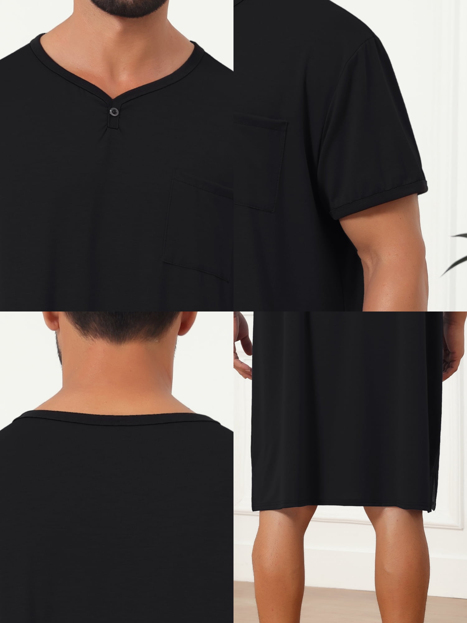 DARING DIVA Men's V-Neck Colorblock Trim Short Sleeve Chest Pocket Pajama M Black