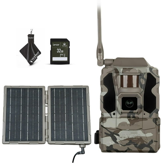 TACTACAM Reveal Ultra Cellular Trail Camera  4K Photo, 1080P Video, Live Streaming, GPS, Low-Glow/No-Glow Flash, LTE  Includes Folding Solar Panel, 32GB SD Card, & Cleaning Cloth