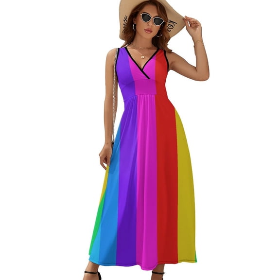 Rainbow Stripes Dress Summer Street Style Bohemia Long Dresses Female Sleeveless Printed Maxi Dress