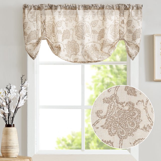 Curtainking Farmhouse Valance 20 inch Taupe on Beige Rustic Floral Light Filtering Curtain Semi-Sheer Tie Up Valance for Kitchen Bathroom Rod Pocket 1 Panel